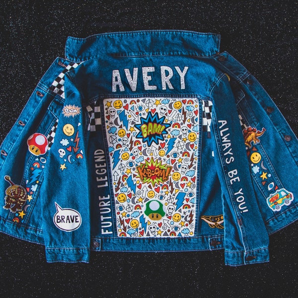 VESTE EN DENIM GARÇON Veste en jean personnalisée, personnalisée, alternative punk peinte à la main avec des empiècements brodés, style unique ZARAdreamland