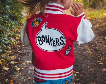 VARSITY JACKET Hand painted personalised bomber jacket with embroidered patches and empowering messages for kids, unique ZARAdreamland style