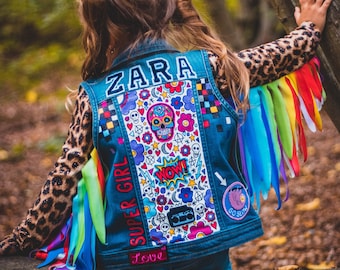 DENIM VEST - Hand painted personalised vest with embroidered patches and empowering messages for kids, unique, bespoke ZARAdreamland style