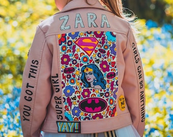 SUPERHERO BIKER JACKET, Personalised hand painted ZARAdreamland bespoke faux leather jacket with embroidered patches and empowering messages