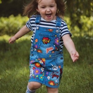 DENIM DRESS Hand painted with embroidered patches and empowering messages for kids, ZARAdreamland Unique Personalised Custom design for kids image 1
