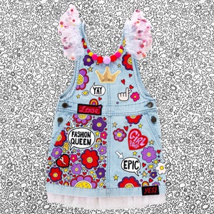 DENIM DRESS Hand painted with embroidered patches and empowering messages for kids, ZARAdreamland Unique Personalised Custom design for kids image 6