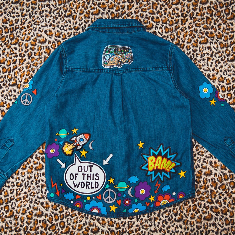 DENIM SHIRT Hand painted personalised denim shirt with embroidered patches and empowering messages for kids, unique ZARAdreamalnad design image 8