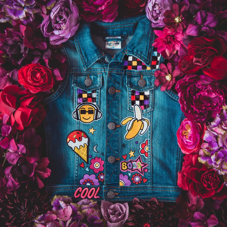 DENIM VEST Hand painted personalised vest with embroidered patches and empowering messages for kids, unique, bespoke ZARAdreamland style image 6