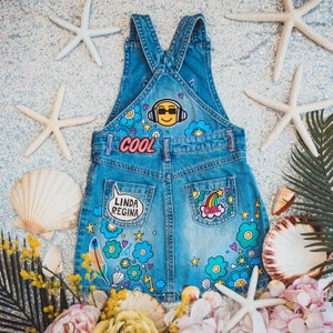 DENIM DRESS Hand painted with embroidered patches and empowering messages for kids, ZARAdreamland Unique Personalised Custom design for kids image 10