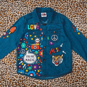 DENIM SHIRT Hand painted personalised denim shirt with embroidered patches and empowering messages for kids, unique ZARAdreamalnad design image 3