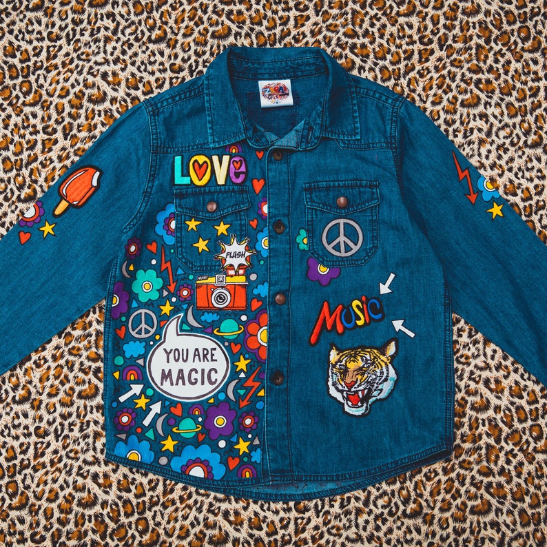 DENIM SHIRT Hand painted personalised denim shirt with embroidered patches and empowering messages for kids, unique ZARAdreamalnad design image 3