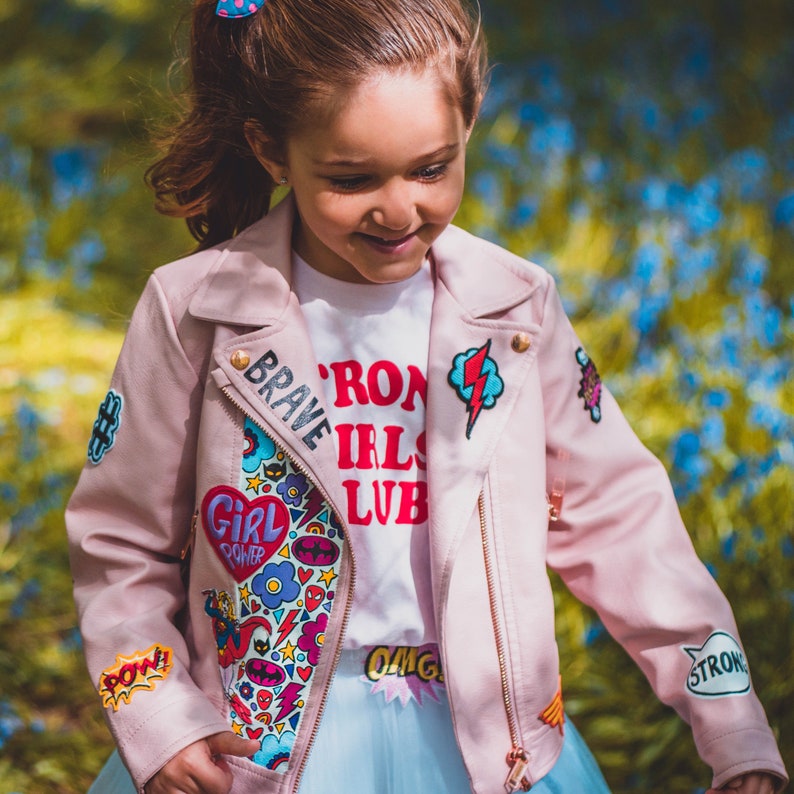 SUPERHERO BIKER JACKET, Personalised hand painted ZARAdreamland bespoke faux leather jacket with embroidered patches and empowering messages image 10