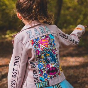 SUPERHERO BIKER JACKET, Personalised hand painted ZARAdreamland bespoke faux leather jacket with embroidered patches and empowering messages image 5