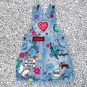 DENIM DRESS Hand painted with embroidered patches and empowering messages for kids, ZARAdreamland Unique Personalised Custom design for kids image 9