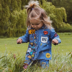 DENIM SHIRT Hand painted personalised denim shirt with embroidered patches and empowering messages for kids, unique ZARAdreamalnad design image 6