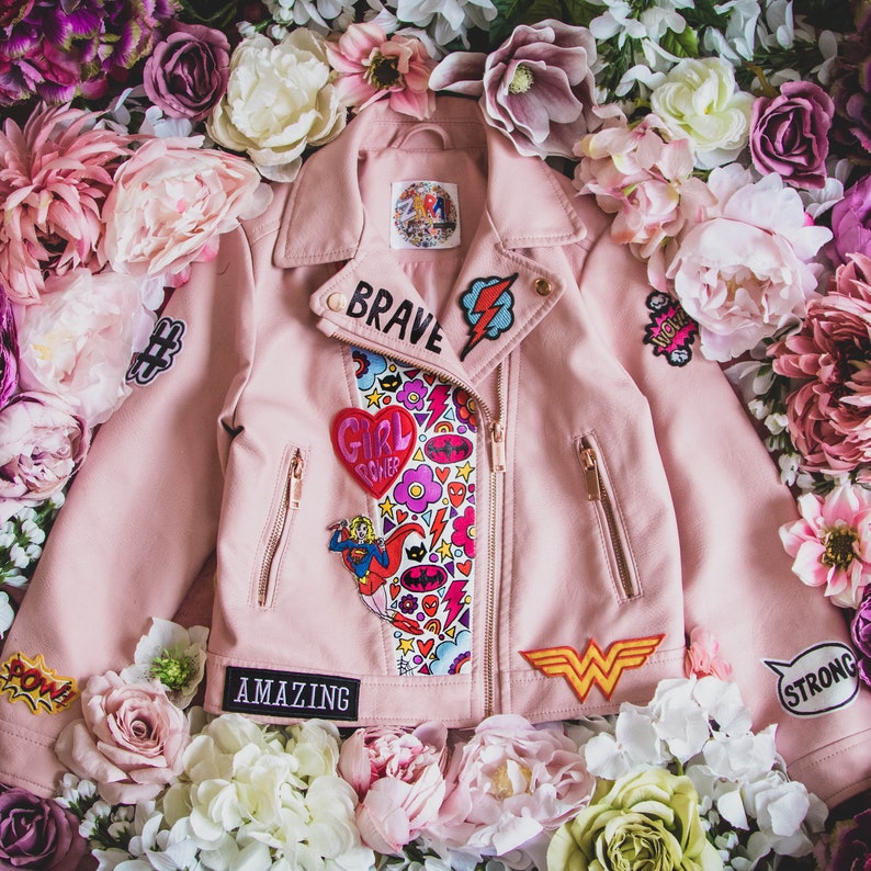 SUPERHERO BIKER JACKET, Personalised hand painted ZARAdreamland bespoke faux leather jacket with embroidered patches and empowering messages image 2