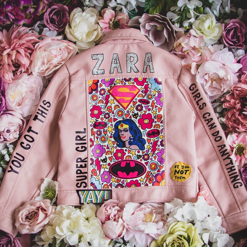 SUPERHERO BIKER JACKET, Personalised hand painted ZARAdreamland bespoke faux leather jacket with embroidered patches and empowering messages image 3