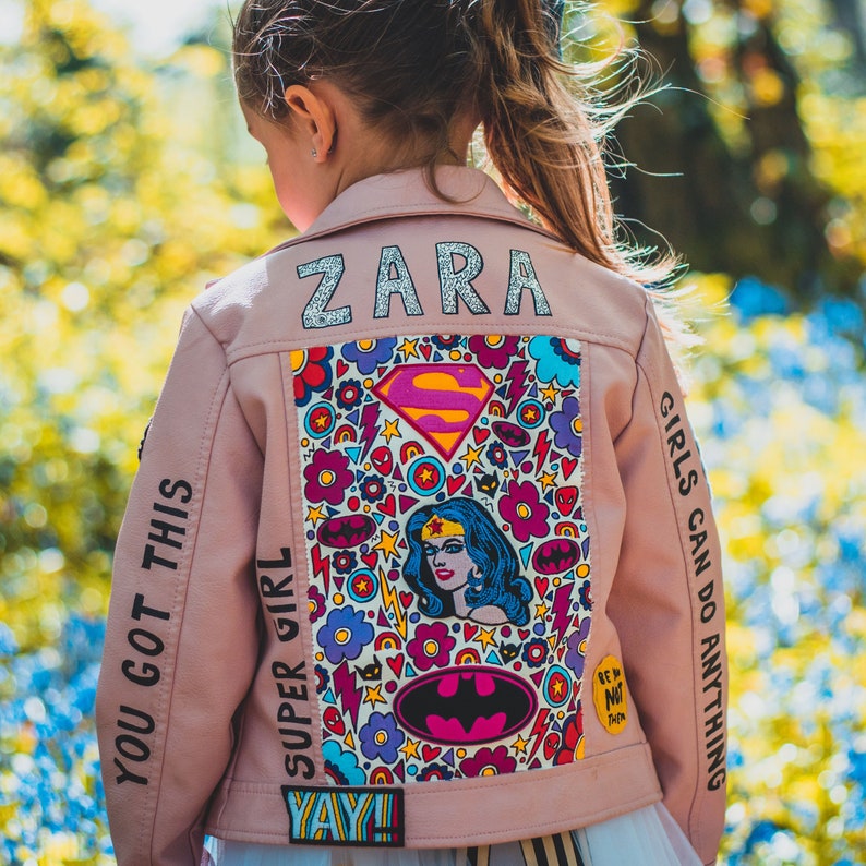 SUPERHERO BIKER JACKET, Personalised hand painted ZARAdreamland bespoke faux leather jacket with embroidered patches and empowering messages image 1