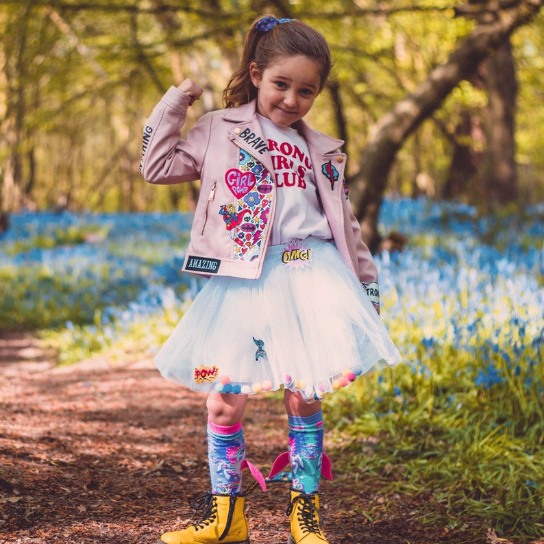 SUPERHERO BIKER JACKET, Personalised hand painted ZARAdreamland bespoke faux leather jacket with embroidered patches and empowering messages image 8