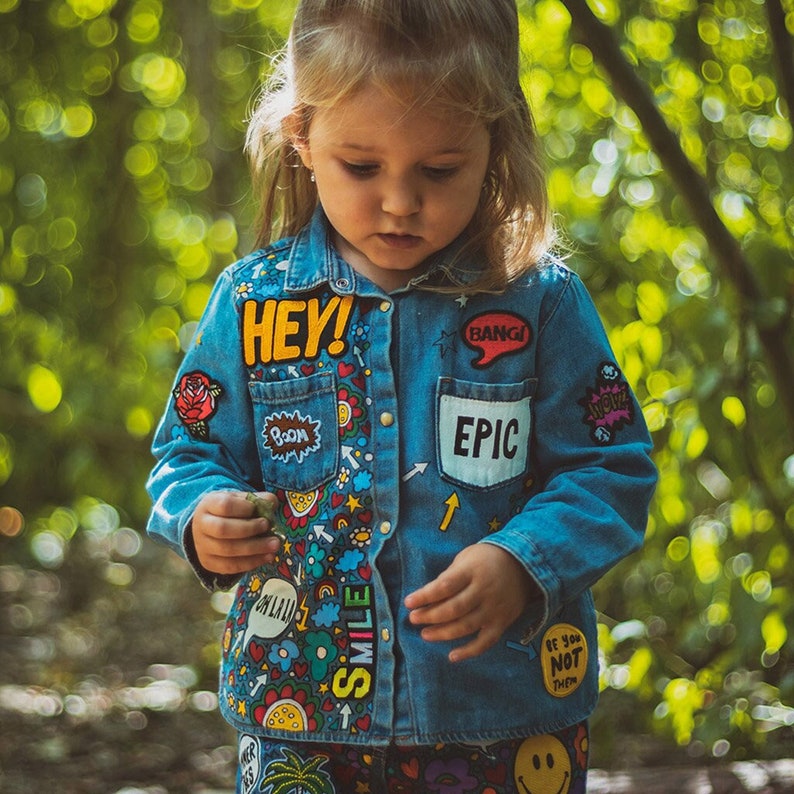 DENIM SHIRT Hand painted personalised denim shirt with embroidered patches and empowering messages for kids, unique ZARAdreamalnad design image 1