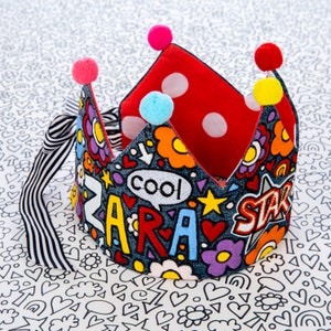 BIRTHDAY / PLAY CROWN Hand painted personalised unique ZARAdreamland denim crown with pom pom and ribbon, kids birthday present, kids party image 8