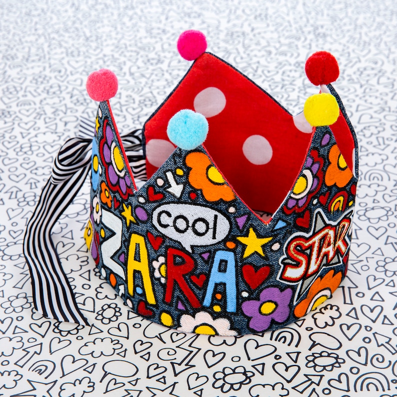BIRTHDAY / PLAY CROWN Hand painted personalised unique ZARAdreamland denim crown with pom pom and ribbon, kids birthday present, kids party image 8