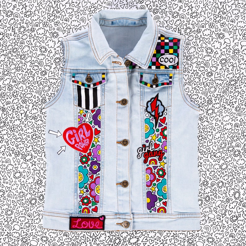 DENIM VEST Hand painted personalised vest with embroidered patches and empowering messages for kids, unique, bespoke ZARAdreamland style image 9