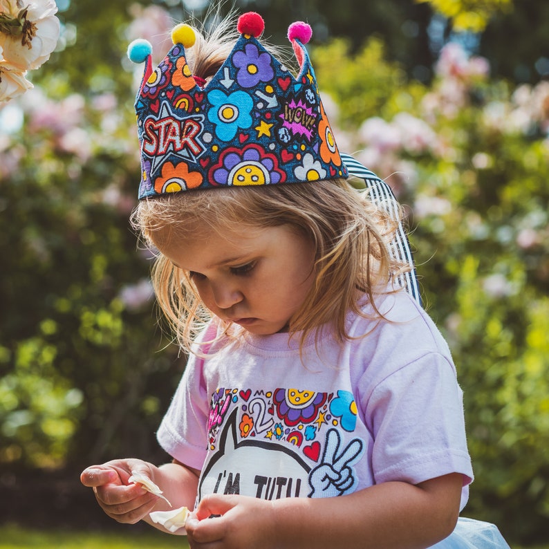 BIRTHDAY / PLAY CROWN Hand painted personalised unique ZARAdreamland denim crown with pom pom and ribbon, kids birthday present, kids party image 1