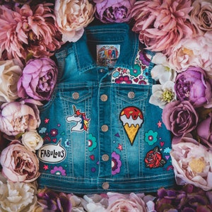 DENIM VEST Hand painted personalised vest with embroidered patches and empowering messages for kids, unique, bespoke ZARAdreamland style image 3