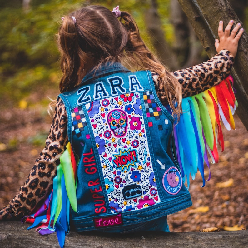 DENIM VEST Hand painted personalised vest with embroidered patches and empowering messages for kids, unique, bespoke ZARAdreamland style image 1