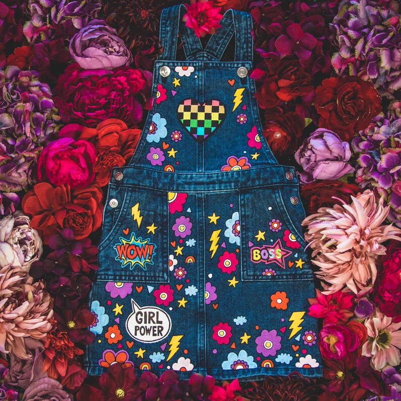 DENIM DRESS Hand painted with embroidered patches and empowering messages for kids, ZARAdreamland Unique Personalised Custom design for kids image 7