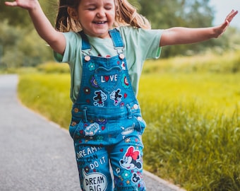 DUNGAREES Hand painted personalised denim dungarees with embroidered patches and empowering messages for kids in unique ZARAdreamland style