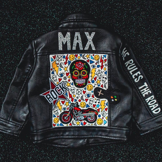 Personalised Baby Boy Leather Biker Jacket: Hand-painted With