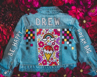 BABY GIRL DENIM jacket, Hand painted personalised jean jacket with embroidered patches and empowering messages, unique ZARAdreamland style