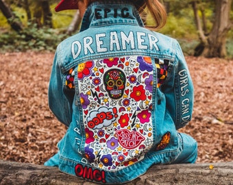 DENIM JACKET Hand painted personalised jacket with embroidered patches and empowering messages for kids, unique, bespoke ZARAdreamland style