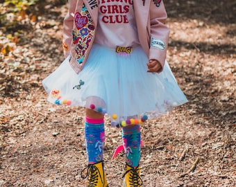 WHITE POM POM Tutu skirt, Personalised custom pom pom tulle skirt with embroidered patches and bow, unique ZARAdreamland style for kids