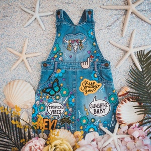 DENIM DRESS Hand painted with embroidered patches and empowering messages for kids, ZARAdreamland Unique Personalised Custom design for kids image 3