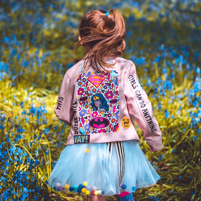 SUPERHERO BIKER JACKET, Personalised hand painted ZARAdreamland bespoke faux leather jacket with embroidered patches and empowering messages image 7