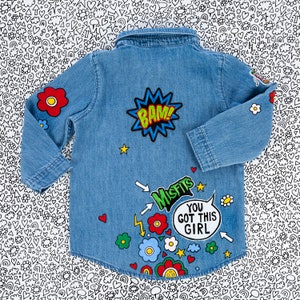 DENIM SHIRT Hand painted personalised denim shirt with embroidered patches and empowering messages for kids, unique ZARAdreamalnad design image 9