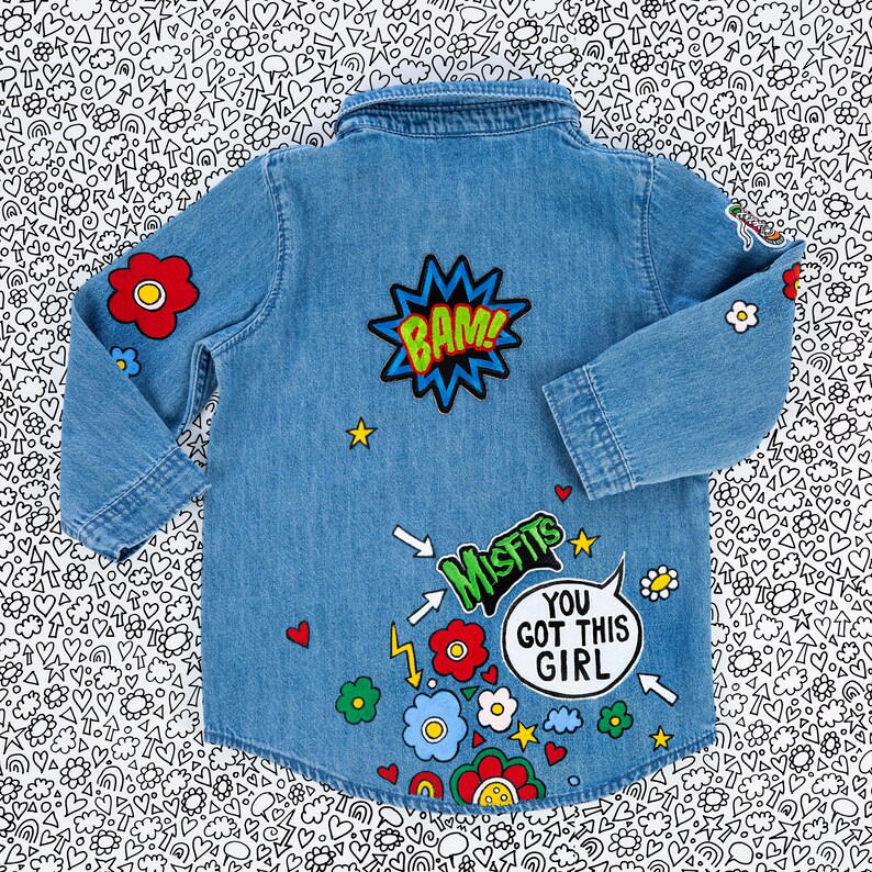 DENIM SHIRT Hand painted personalised denim shirt with embroidered patches and empowering messages for kids, unique ZARAdreamalnad design image 9