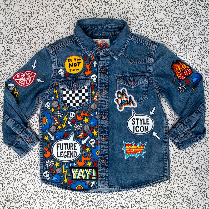 DENIM SHIRT Hand painted personalised denim shirt with embroidered patches and empowering messages for kids, unique ZARAdreamalnad design image 5