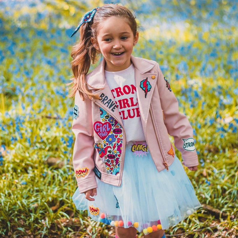 SUPERHERO BIKER JACKET, Personalised hand painted ZARAdreamland bespoke faux leather jacket with embroidered patches and empowering messages image 4