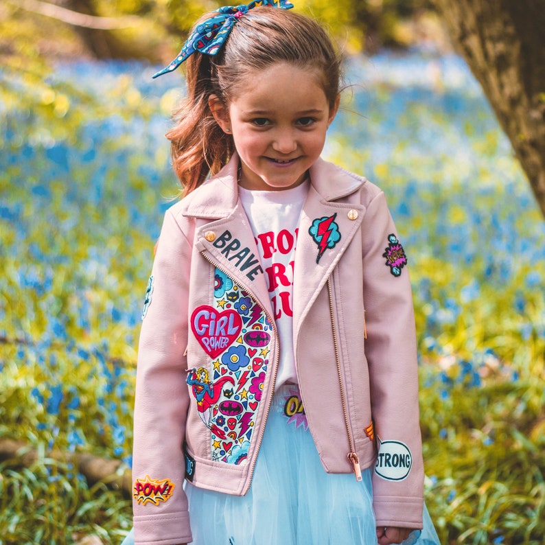 SUPERHERO BIKER JACKET, Personalised hand painted ZARAdreamland bespoke faux leather jacket with embroidered patches and empowering messages image 6