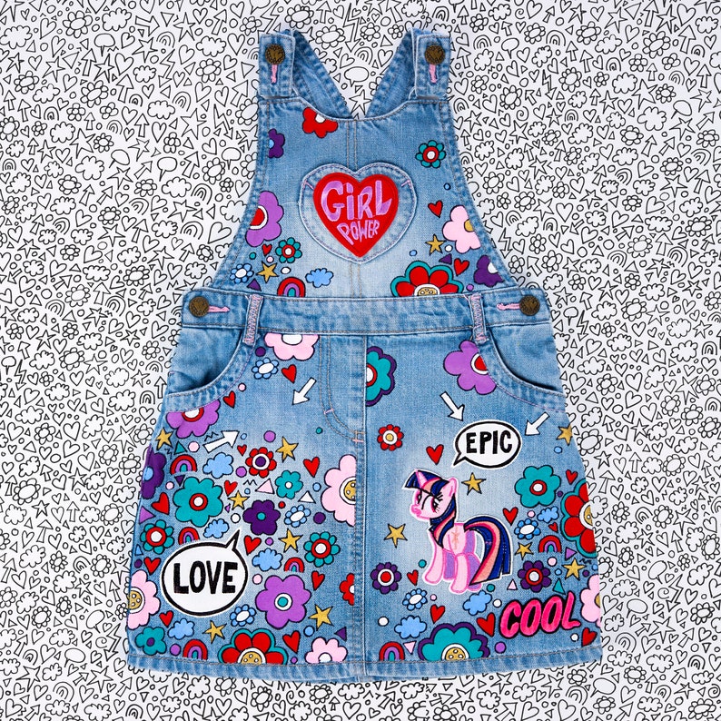 DENIM DRESS Hand painted with embroidered patches and empowering messages for kids, ZARAdreamland Unique Personalised Custom design for kids image 8
