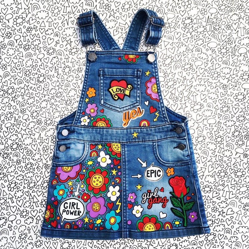 DENIM DRESS Hand painted with embroidered patches and empowering messages for kids, ZARAdreamland Unique Personalised Custom design for kids image 4