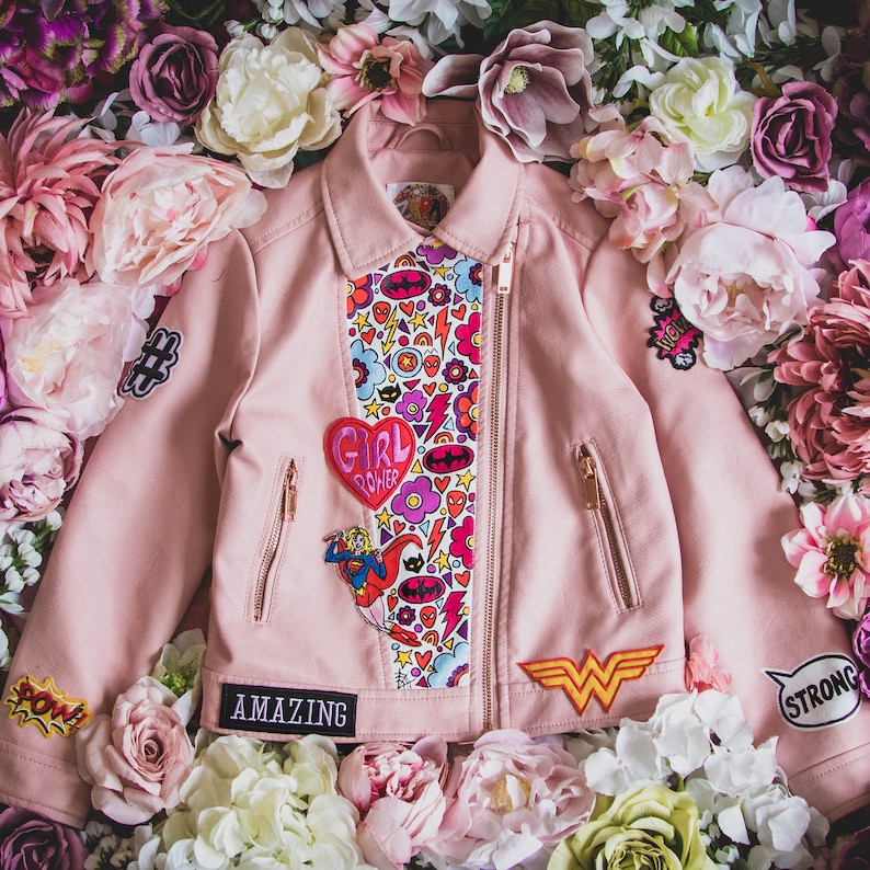 SUPERHERO BIKER JACKET, Personalised hand painted ZARAdreamland bespoke faux leather jacket with embroidered patches and empowering messages image 9