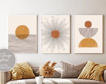 Boho Kunst 3er Set, Abstrakte Galerie Wand Set, Abstrakte Sonne Druck, Boho Wandkunst, Moderne Wandkunst Bündel, Terrakotta Drucke