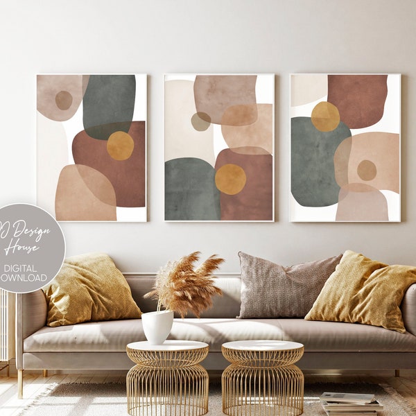 Earth Tone Decor, Abstract Wall Art, Watercolor Shapes Printable Wall Art, Terracotta Set of 3 Prints, Modern Wall Decor