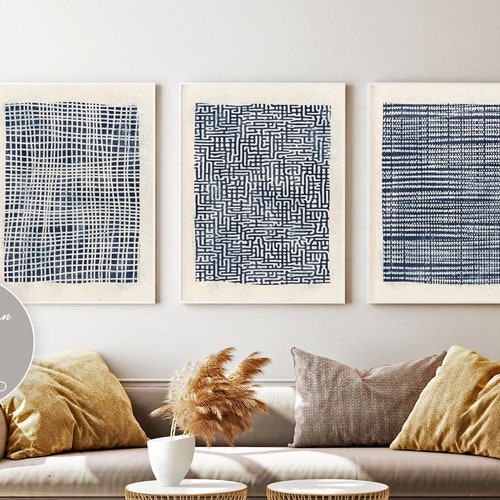 Navy Blue Wall Art Set 3 Piece Art Prints Blue Abstract Wall Etsy