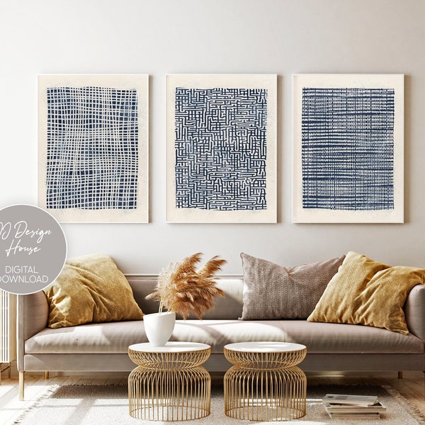 Blue Abstract Wall Art, Printable Wall Art Set of 3 Prints, Navy Blue Wall Art, Living Room Art, Mid Century Art, Contemporary Art