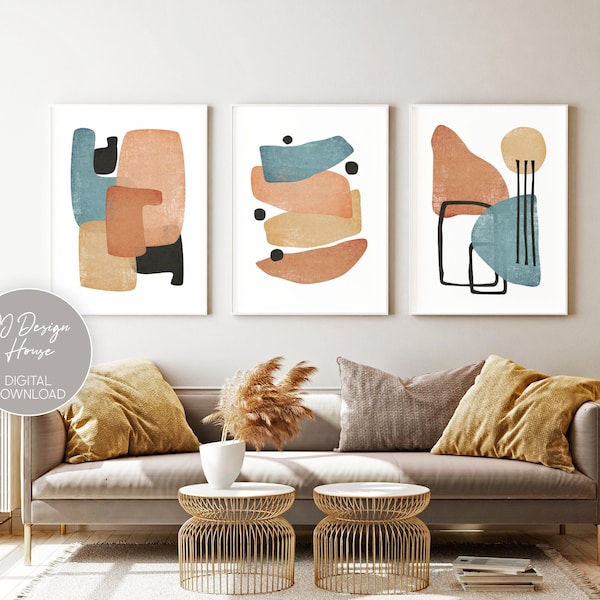 Abstract Wall Art Set of 3,  Geometric Poster Gallery Wall, 3 Posters Modern Artwork, Trio Prints Geometric Poster, Abstract Set Triptych