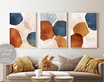 Abstract Wall Art, Watercolor Shapes Printable Wall Art, Navy Pink Beige Set of 3 Prints, Geometric Print Set, Modern Abstract Art