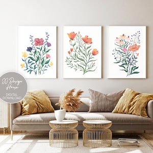 Watercolor Botanical Print Set, Wildflowers Wall Art, Floral Wall Decor, Wildflower Bedroom Wall Art, Above Bed Decor