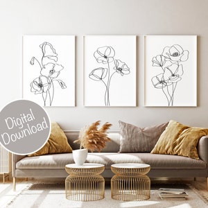 Arte de parede minimalista, impressões de arte de linha única, conjunto de arte de uma linha, preto e branco, arte de parede para impressão, arte de flores, conjunto de flores de desenho de linha de 3